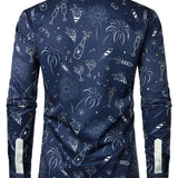 Herre Fyrværkeri Ferie Nytår Fest Knap-Op Blå Langærmet Skjorte