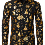 Herre Guld Jul Print Sort Langærmet Skjorte
