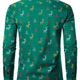 Herre Juletræ Elg Print Åndbar Grøn Langærmet Skjorte