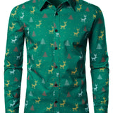 Herre Juletræ Elg Print Åndbar Grøn Langærmet Skjorte