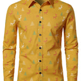 Herre Juletræ Elg Print Åndbar Gul Langærmet Skjorte