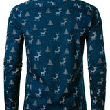 Herre Juletræ Elg Print Åndbar Marineblå Langærmet Skjorte