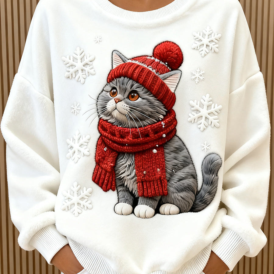 Kvinders Søde Jule Kat Kunst Print Casual Flannel Hoodie