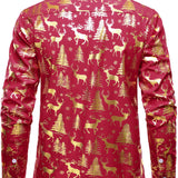 Mænds Gyldne Jule Rensdyr Festlig Print Rød Langærmet Skjorte