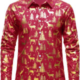 Mænds Gyldne Jule Rensdyr Festlig Print Rød Langærmet Skjorte