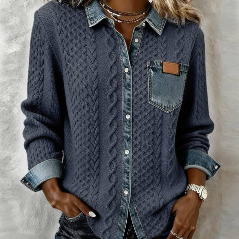 Amber | Patchwork-Striktop med Denimdetaljer