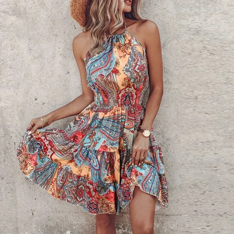Marlone - Farverig V-udsnit midi boho-kjole