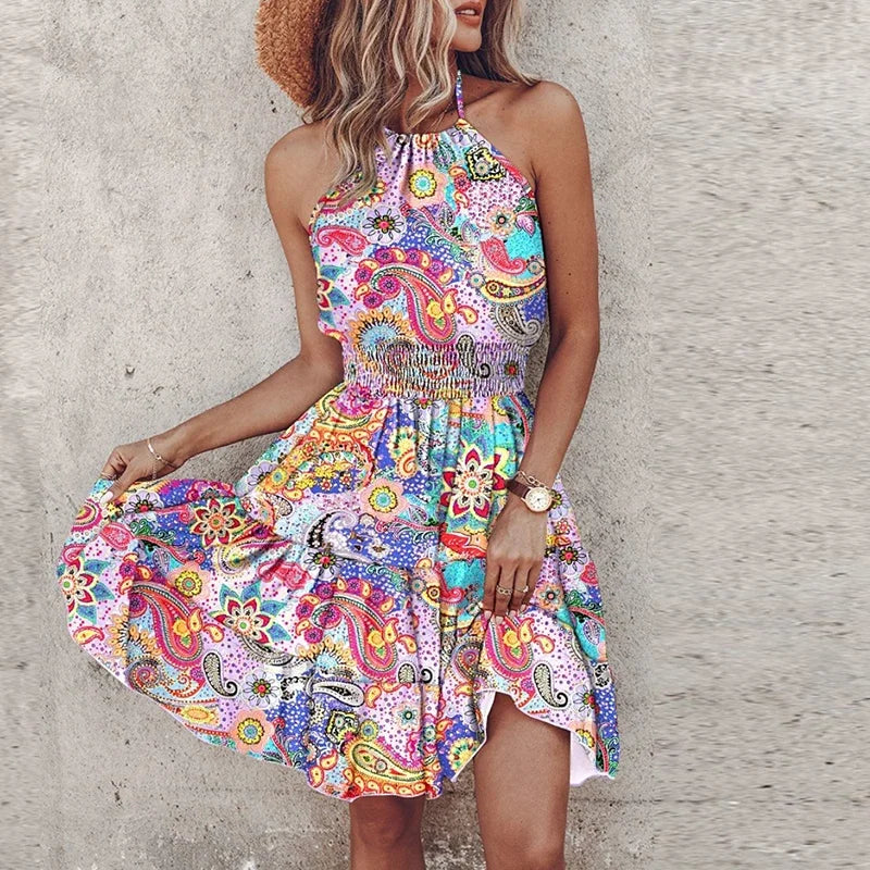 Marlone - Farverig V-udsnit midi boho-kjole