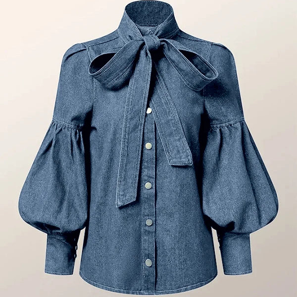 Denim-inspireret skjorte med sløjfe