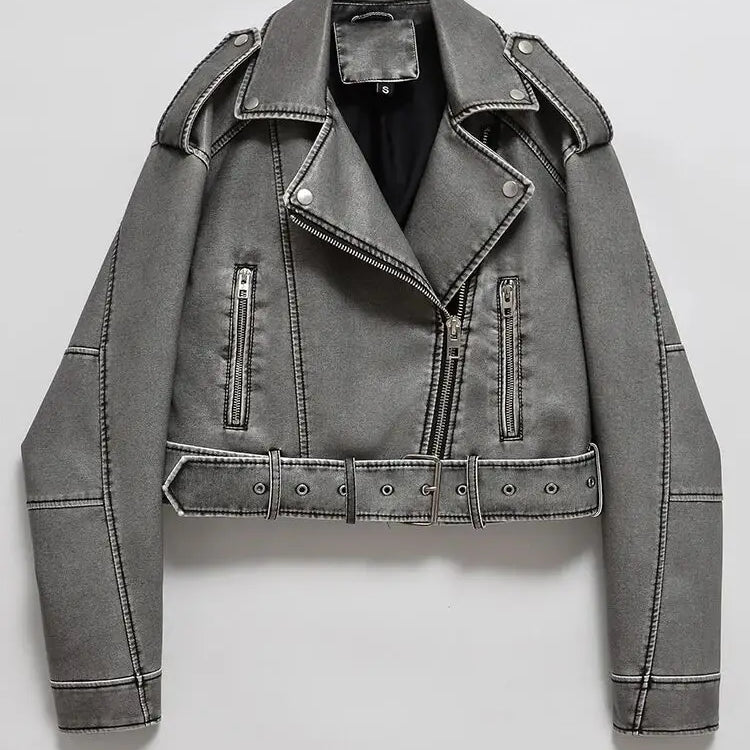 Oversized vintage jakke i syntetisk læder med bælte