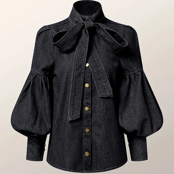 Denim-inspireret skjorte med sløjfe