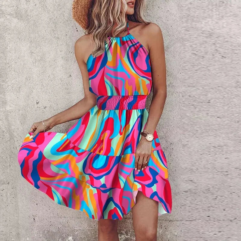 Marlone - Farverig V-udsnit midi boho-kjole