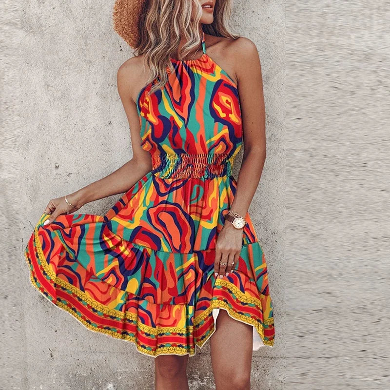Marlone - Farverig V-udsnit midi boho-kjole