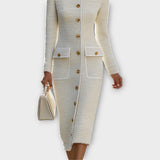 Elegant midi-kjole i tweed med knapper foran