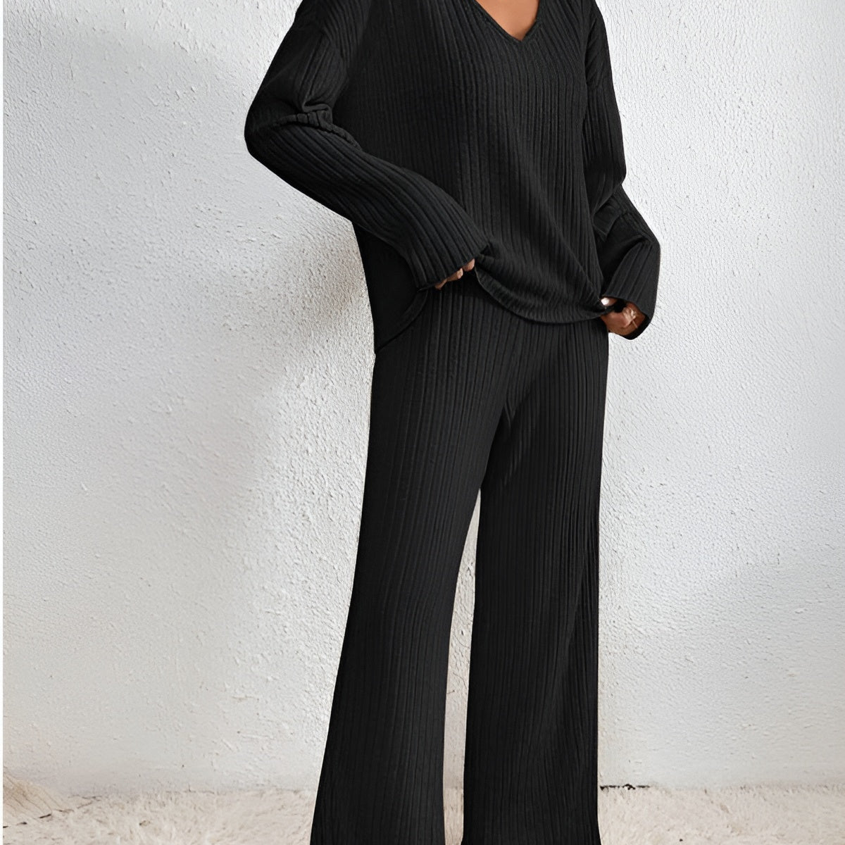 Isla - Stribet V-hals sweater-sæt